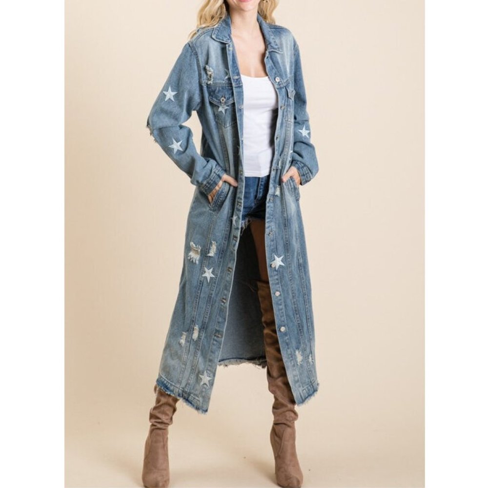 SOLD OUT Plus Star Distressed Long Denim Jean Jacket Coat - Picture 5 of 9